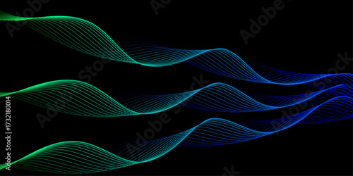 Abstract Vector Flowing Wavy Light Lines in Blue-Green on Black Background, AI and Digital Technology Concept