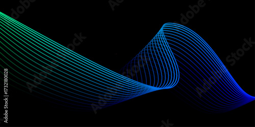 Abstract Vector Smooth Flowing Wave Lines with Blue-Green Gradient Light on Black Background, Technology and Digital Concept
