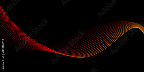 Abstract Vector Flowing Wavy Light Lines in Orange-Red on Black Background, Energy and Digital Technology Concept