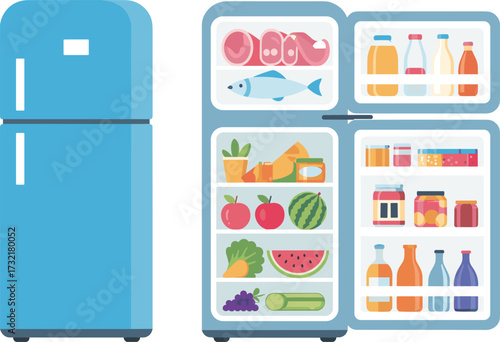  Modern refrigerator vector illustration, kitchen appliance with open door, fresh food, vegetables, fruits, drinks, dairy products, storage shelves, isolated on white background.