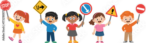 Happy children holding road signs illustration, educational traffic safety vector, kids learning street rules, stop sign, warning sign, prohibition sign, cartoon character design.