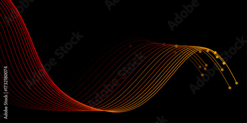 Abstract Vector Flowing Wavy Light Lines in Yellow and Red on Black Background, AI Energy and Digital Technology Concept