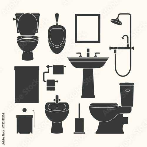 Vector art of a collection of black bathroom fixtures and accessories, including toilets, sinks, a urinal, a shower, and toilet paper holders, presented as a silhouette against a light background