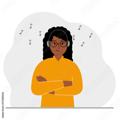 A woman in headphones listens to music. Podcast and hobby concept. Character for decor, design and print. Vector flat illustration.