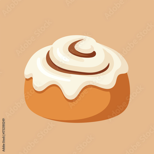 Stylized, cartoon cinnamon roll topped with white icing on tan background