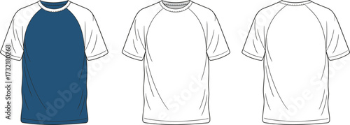 Raglan sleeve t-shirt vector template, front and back view design, casual short sleeve baseball style shirt mockup for apparel fashion illustration.
