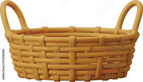  Realistic wicker basket vector illustration with two round handles, detailed woven texture design, rustic empty container for home storage, picnic, decoration use.