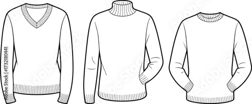  Set of three sweater vector illustrations, V-neck pullover, turtleneck sweater, crewneck knitwear, fashion clothing design template, isolated on white background.