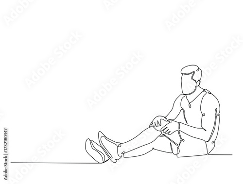 Continuous line art drawing of young man with knee pain. Man struggle with leg injury or trauma in single line art drawing vector illustration. Editable stroke.