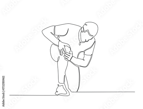 Continuous line art drawing of young man with knee pain. Man struggle with leg injury or trauma in single line art drawing vector illustration. Editable stroke.