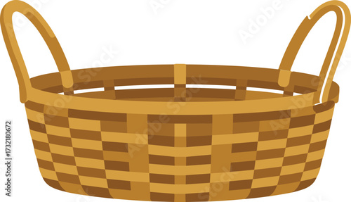 Wicker basket vector illustration with two handles, traditional woven container design, rustic storage basket for picnic, home decor, market shopping use.