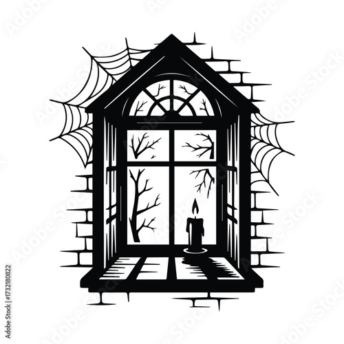Creepy haunted window scene with cobwebs and candle light on brick wall