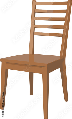 Wooden dining chair vector illustration, simple furniture design with slatted backrest, classic wooden seating for kitchen, dining room, home interior decoration.