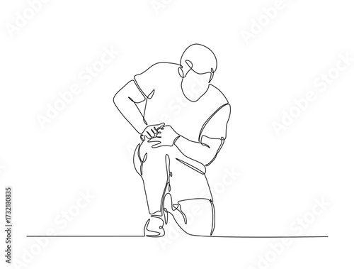 Continuous line art drawing of young man with knee pain. Man struggle with leg injury or trauma in single line art drawing vector illustration. Editable stroke.