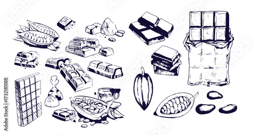 Cocoa and chocolate set. Hand drawn sketch drawings. Chocolate bar and pieces, cocoa pod and cocoa beans bag. Retro style vector illustrations collection