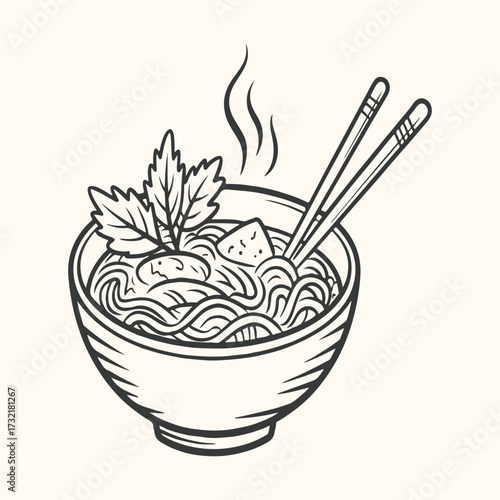 Vector art of a simple, handdrawn illustration of a steaming bowl of ramen noodles, garnished with fresh herbs and served with chopsticks, perfect for culinary themes and asian cuisine