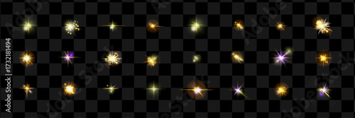 Shiny spark light set. Glimmer star sparkle effect