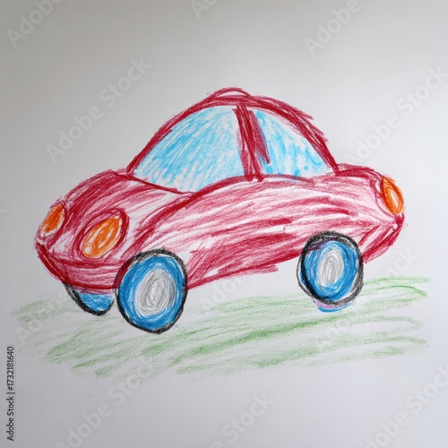 Car drawn with crayons on paper; child's art with green grass in background, decor