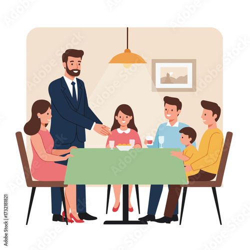 Family gathering around a table, welcoming a man in suit