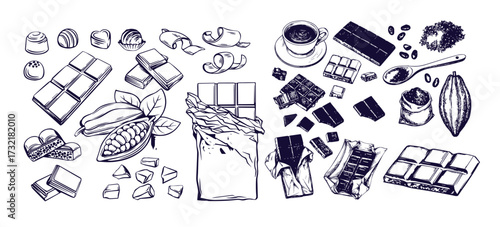 Cocoa and chocolate set. Hand drawn sketch drawings. Chocolate bar and pieces, cocoa pod and cocoa beans bag. Retro style vector illustrations collection