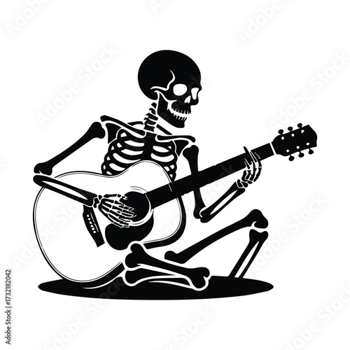Skeleton musician playing acoustic guitar bone art whimsical spooky music graphic