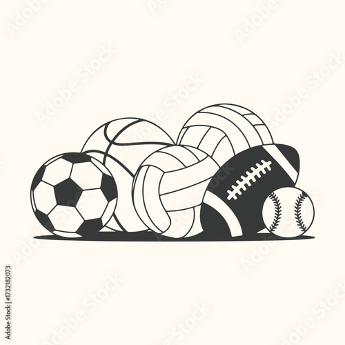 Vector art of a collection of various sports balls, including a soccer ball, basketball, volleyball, american football, and baseball, isolated on a