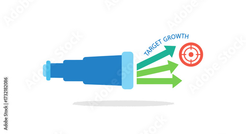 Telescope visualizing target growth with arrows, depicting strategic vision and advancement,