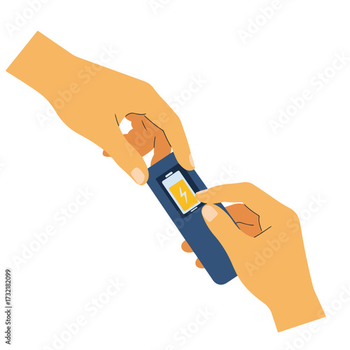 Hands holding device displaying a battery icon with lightning bolt symbol