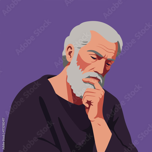 Vector graphic of an old man pondering, hand on chin, on violet background