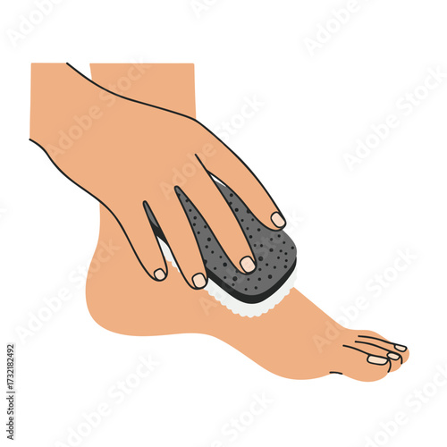 Foot scrub hand exfoliating skin with pumice sponge on foot
