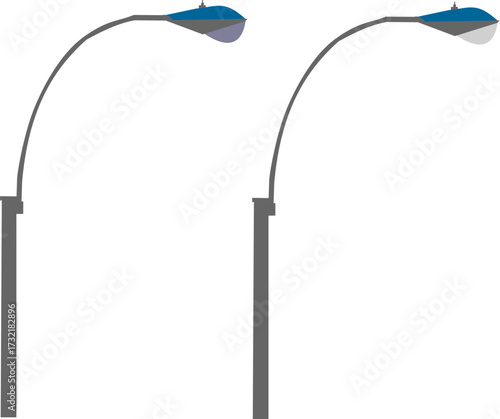 Two modern streetlights against a dark background