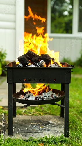 Backyard charcoal grill ablaze