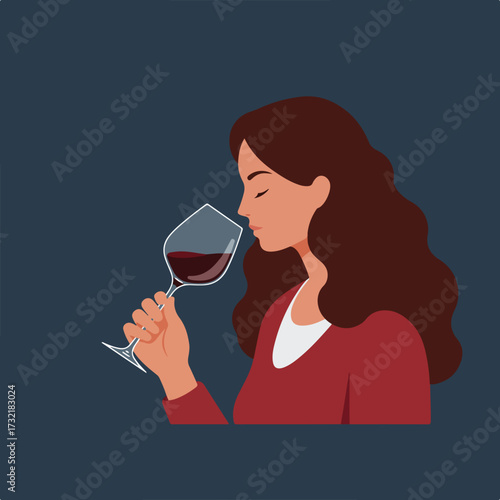 Woman enjoying red wine in a glass, smelling aroma on dark background