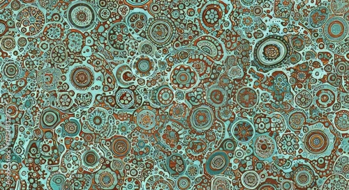 Intricate mandala patterns in teal and copper create a mesmerizing, organic texture for modern design projects.
