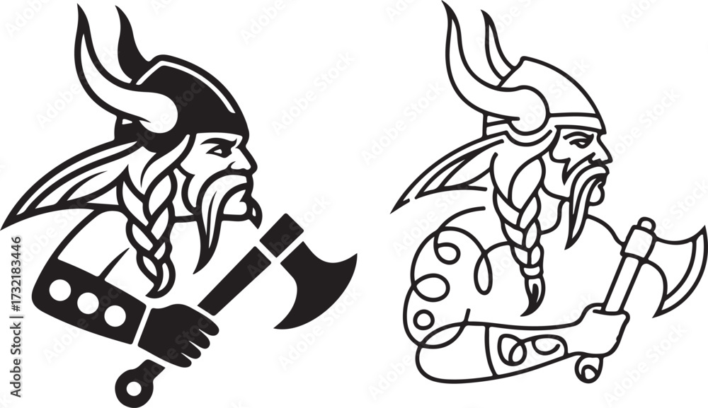 Fototapeta premium Viking Silhouette Ax Bearded Warrior