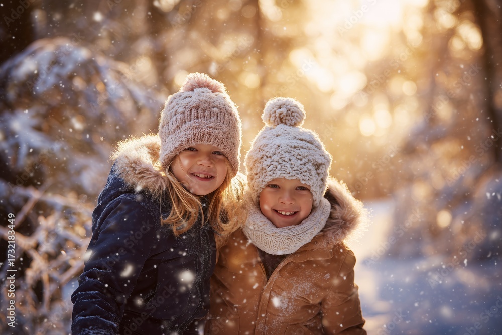 Obraz premium Happy Children Playing in Winter Snowfall