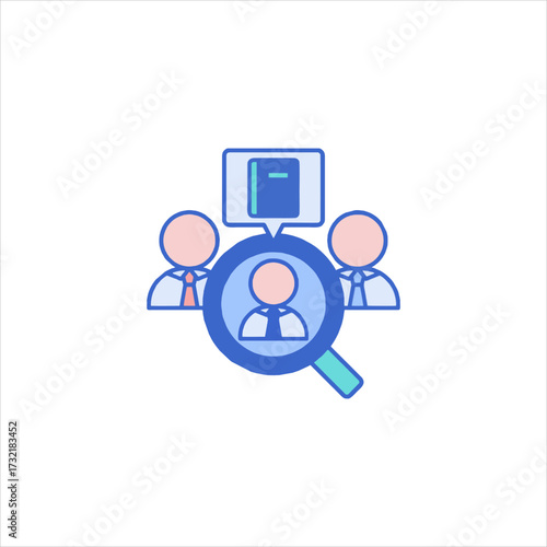 Job recruiter searching for candidate among group of people with magnifying glass in modern office, representing talent acquisition and human resources, professional.
