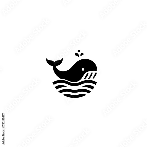 Stylized black whale spouting water in stylized ocean waves