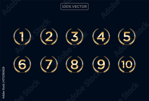 set of Number Shield Logo with Golden Crown, Laurel Wreaths, and Black Background Premium Award