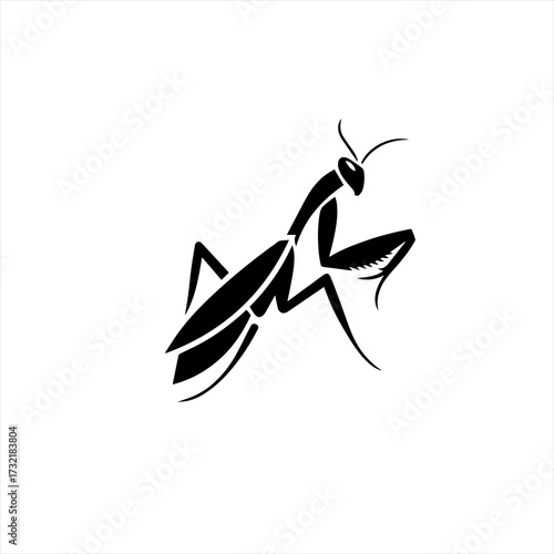 Stylized black silhouette of a praying mantis on a white background