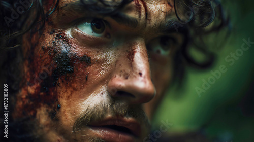 The biblical character of Cain hiding after the first murder, a fugitive with a bloody face and an expression of fear, a dramatic portrait from the bible, a concept of guilt, shame and hiding from God