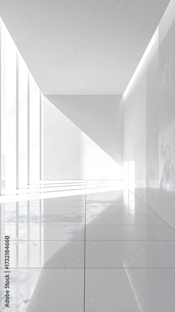 Fototapeta premium Abstract White Corridor with Reflective Floor and Bright Light