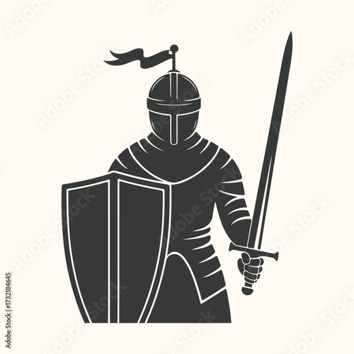 Vector art of silhouette of a medieval knight in full armor, holding a sword and shield, ready for battle, symbolizing strength, courage, and historical warfare, isolated on a light background