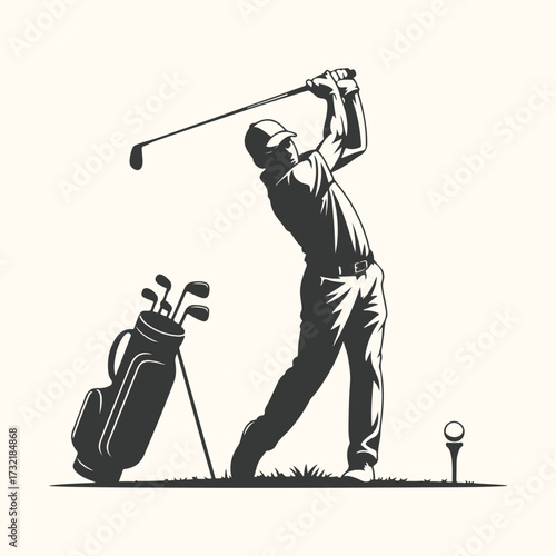 Vector art of silhouette of a male golfer swinging a club during a golf game, with a golf bag and tee in the background, isolated on a light cream background, capturing the dynamic action of the sport