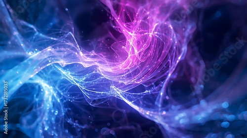 Abstract visualization of cosmic dust clouds with vibrant purple and blue nebulae illuminated by glowing particles.