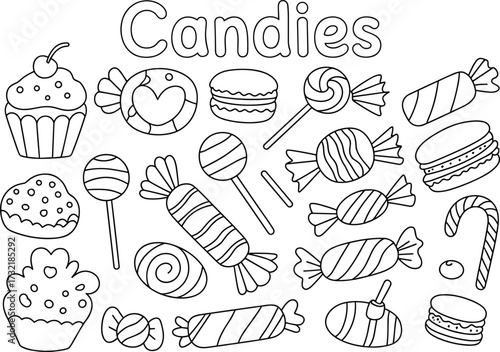 Assorted Candies and Cupcakes Outline Drawing Collection Keywords: candy, sweets, cupcake