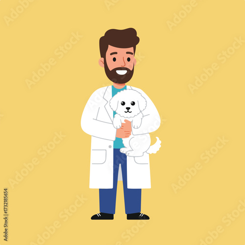 Cartoon vet in lab coat holds fluffy white dog, smiles