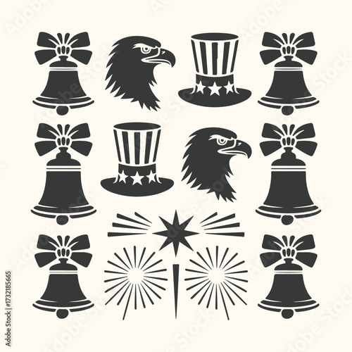 Vector art of collection of american patriotic symbols including eagles, uncle sam hats, liberty bells, and fireworks, isolated on a, perfect for holiday designs