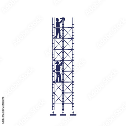 Two construction workers on tall scaffolding