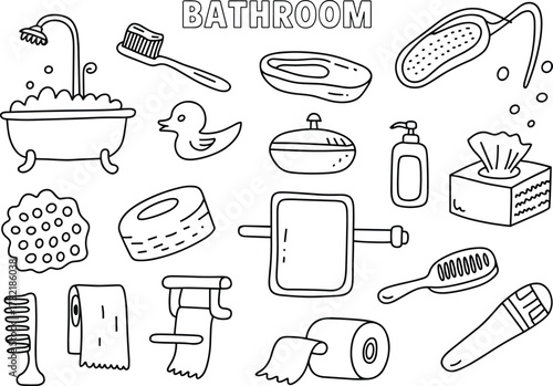 Bathroom essentials and accessories in a doodle art style Keywords: bathroom, tub, bathtub